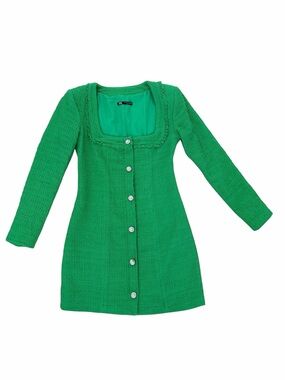 Zara Emerald Green Tweed Dress with Crystal Flower Buttons
